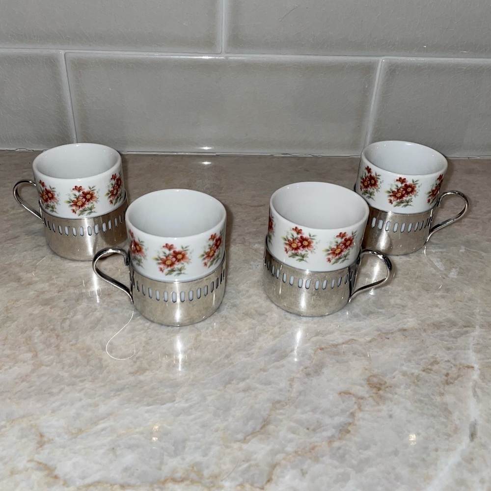 Vintage Bellini Veracruz Porcelain Silver-plate Demitasse Espresso Coffee Cups